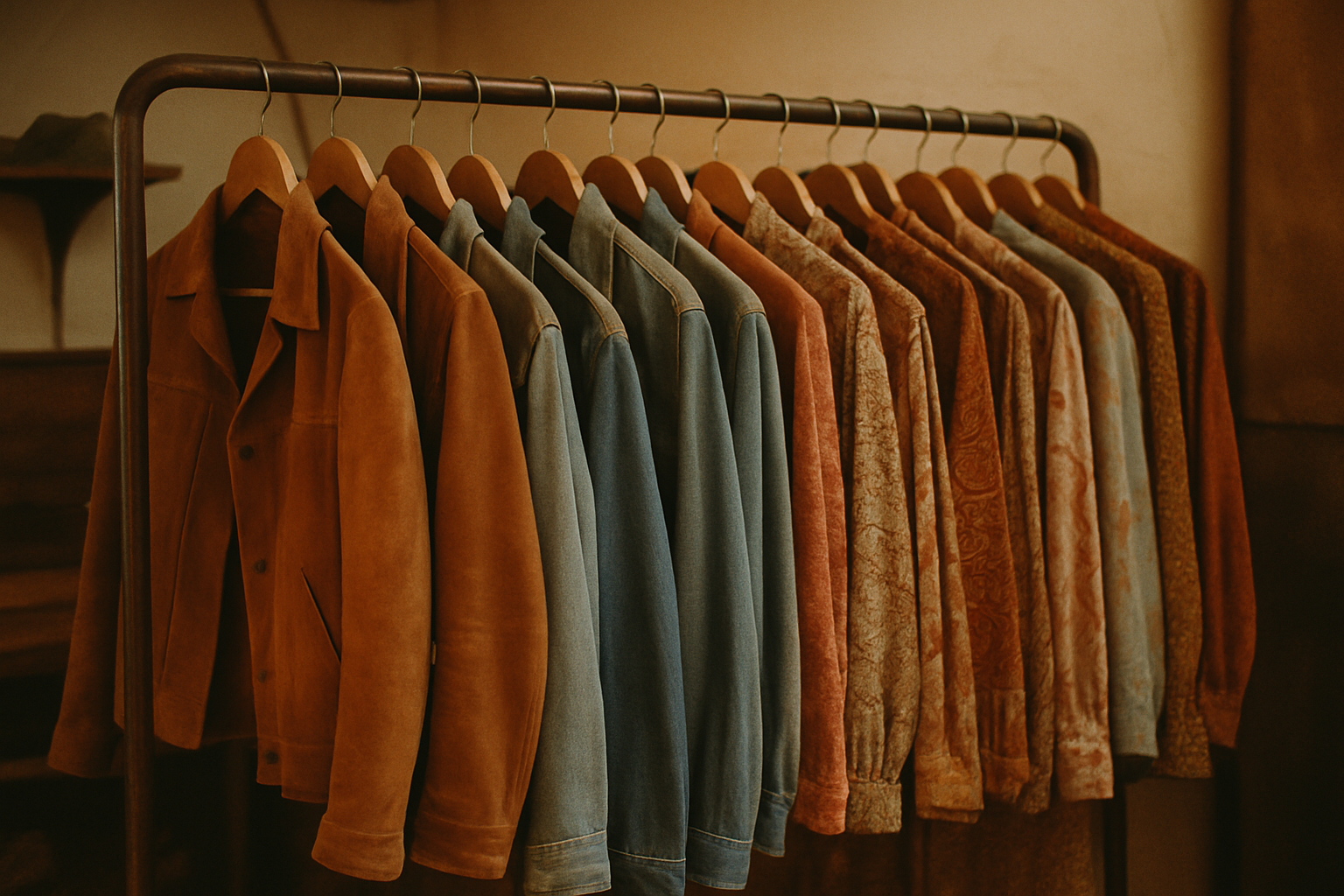 Warm, analog-style photo of a curated rack of 1970s and 1980s vintage garments with earthy tones and soft lighting