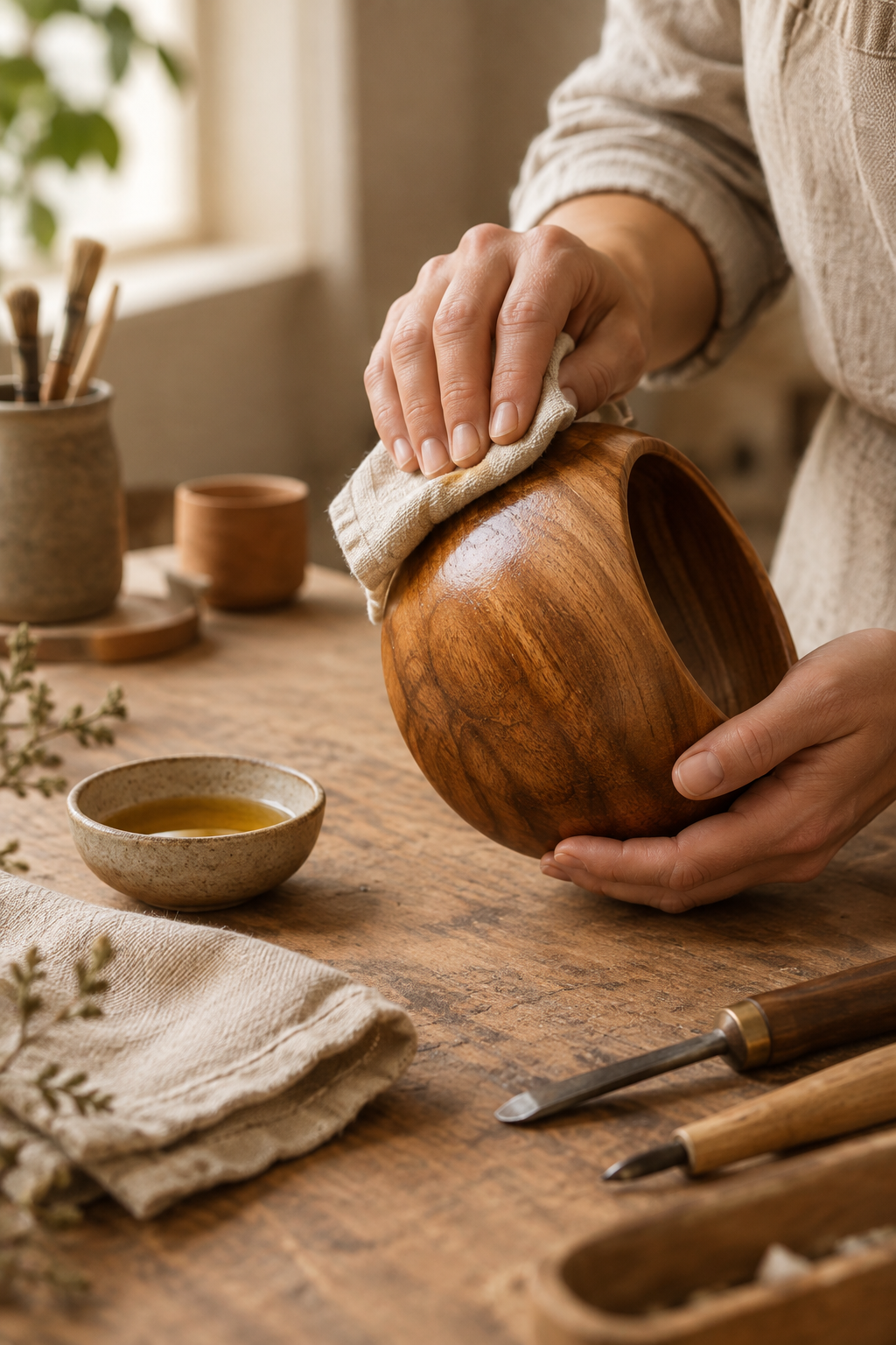 Close-up of artisan hands applying a smooth natural finish to a handmade decor piece beside linen and wooden tools in warm soft light