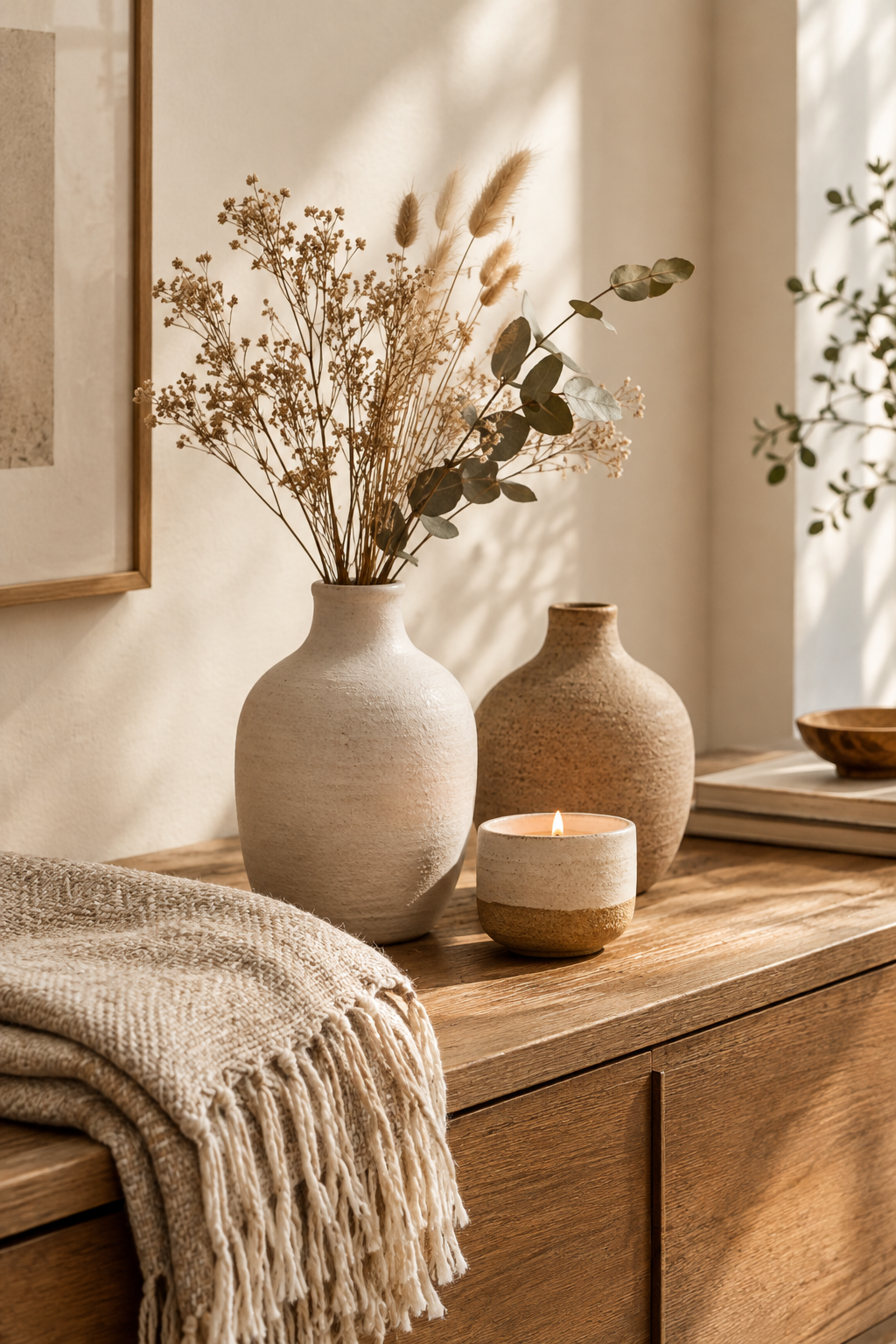 Beautifully styled handmade home decor in a warm natural interior with ceramic vases, woven textiles, and wooden accents in soft daylight