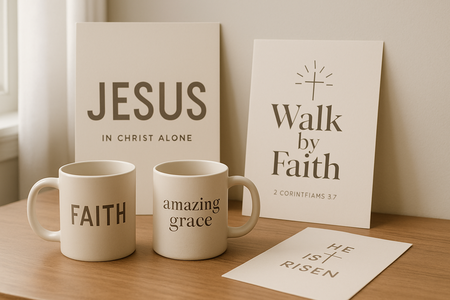 A curated display of faith-inspired posters and ceramic cups arranged on a warm wooden table with soft natural light