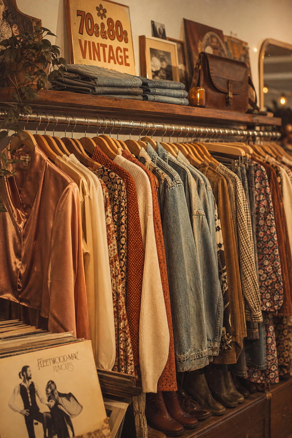 Warm film-style photo of a curated rack of 70s and 80s vintage clothing, with satin blouses, denim jackets, and patterned dresses in earthy tones, softly lit like a retro boutique