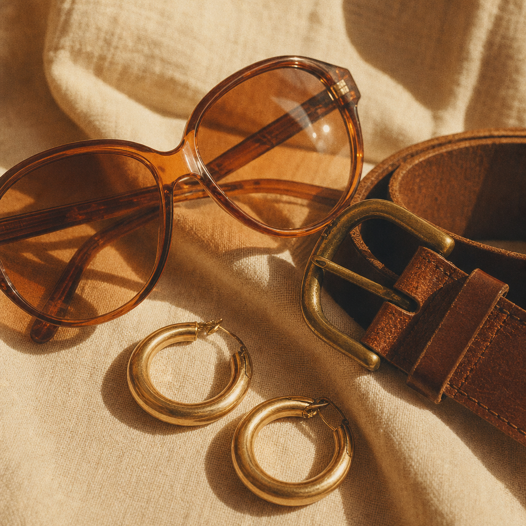 Close-up of amber sunglasses, a brown leather belt, and gold jewelry on cream fabric with warm vintage lighting