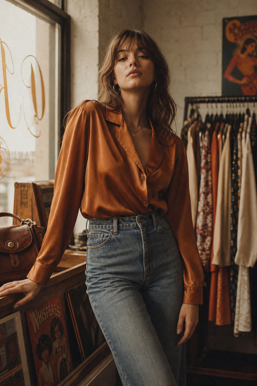 Tall model wearing a burnt amber satin blouse and high-waisted denim, posed in warm window light