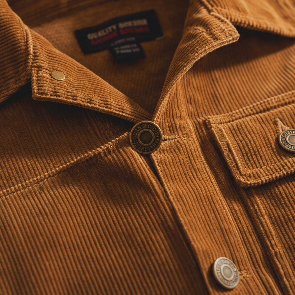 Close-up of a caramel corduroy jacket with brass buttons and visible stitching