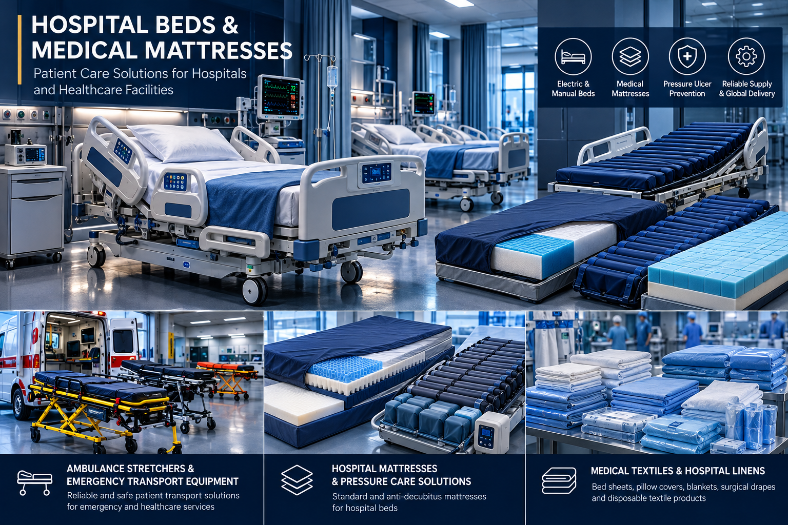 Wide hospital equipment banner with beds, mattresses, stretchers, and medical textile product groups for institutional healthcare supply.