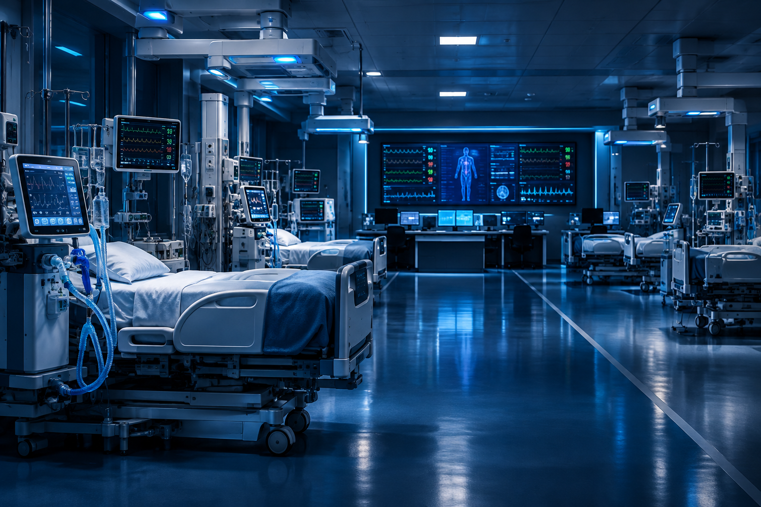 Critical care ICU ward with ventilator-ready beds, centralized patient monitoring wall, and sterile high-acuity circulation lanes