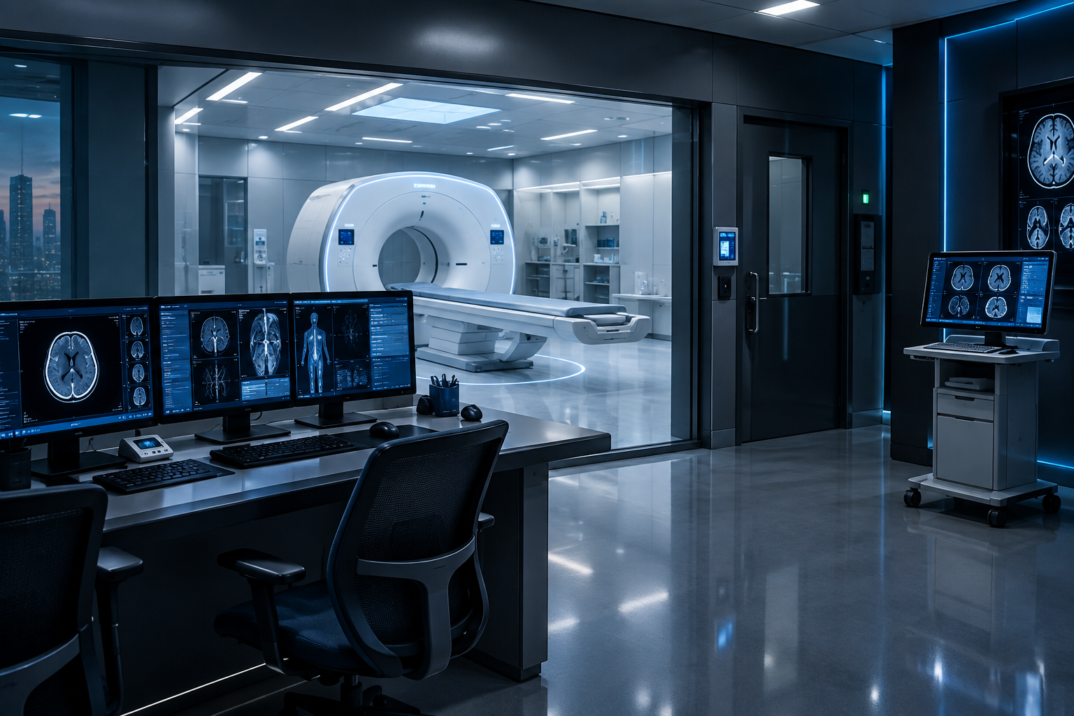 Advanced diagnostic imaging suite with CT gantry, MRI-ready shielding, and integrated digital radiology control consoles