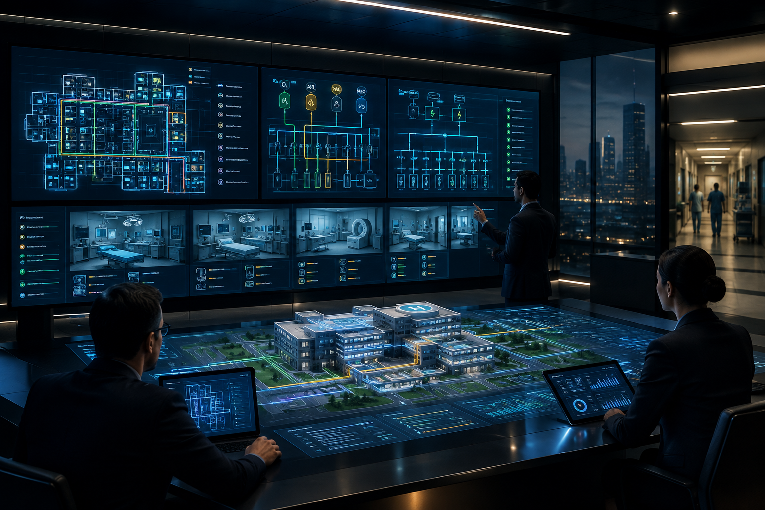 Hospital infrastructure command floor with utility corridor planning, medical gas routing, electrical backbone maps, and staged departmental equipment allocation