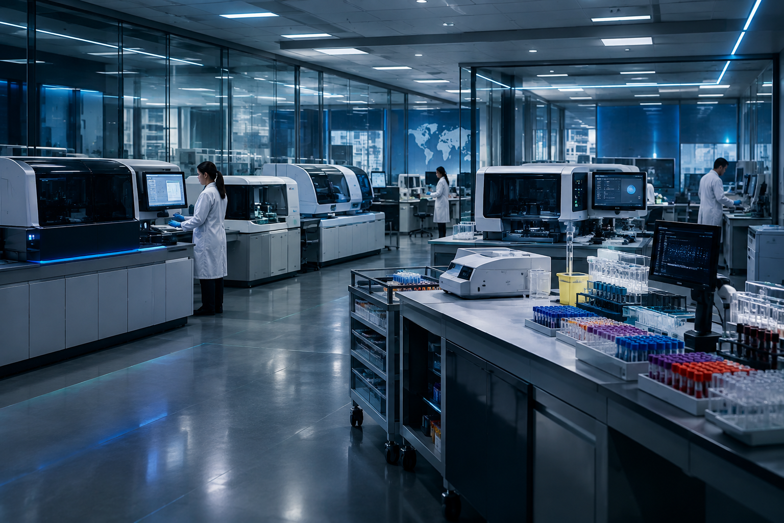 Clinical laboratory systems hall with precision chemistry analyzers, hematology workstations, and controlled sample processing benches