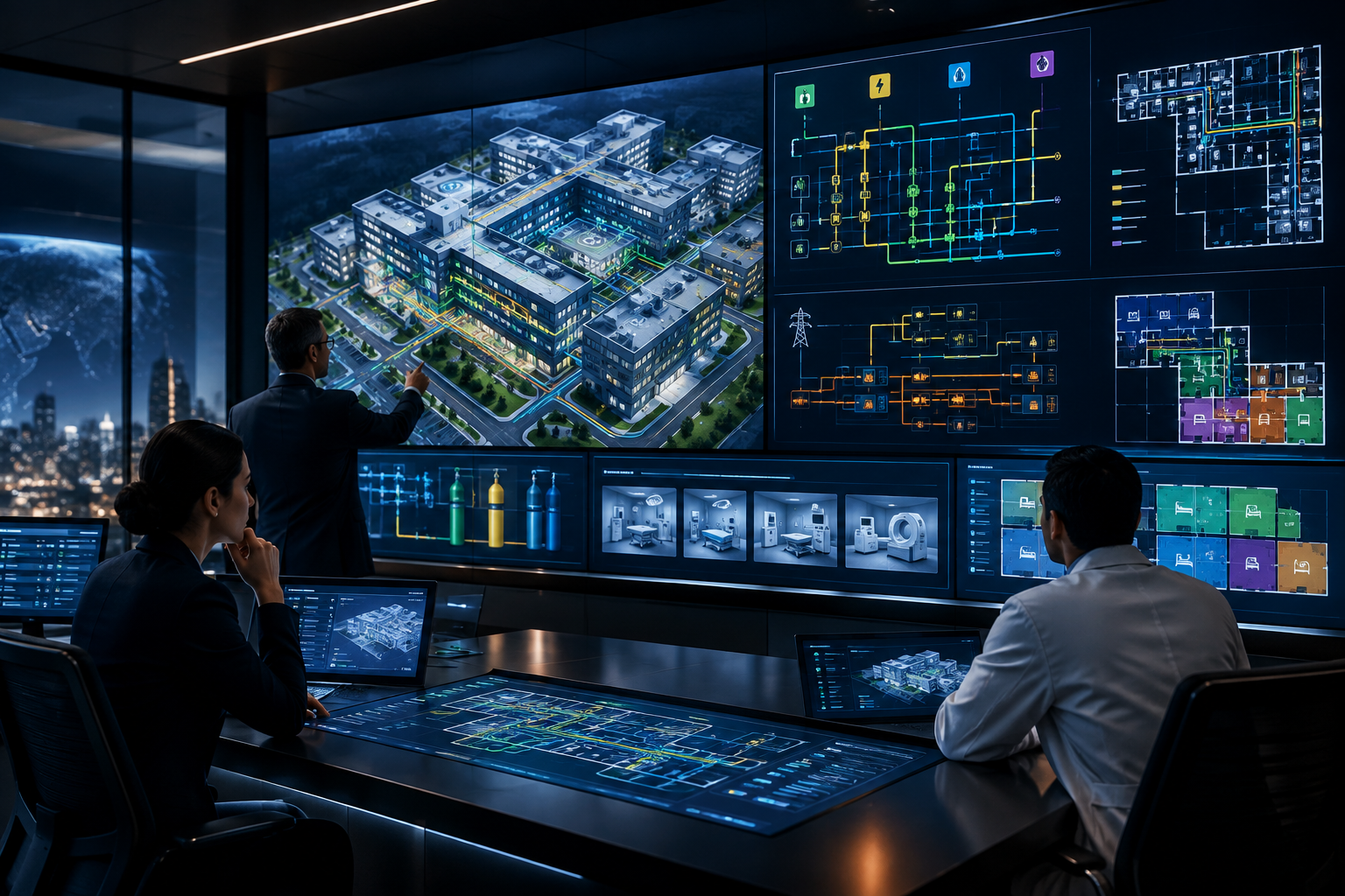 Hospital infrastructure command floor with utility corridor planning, medical gas routing, electrical backbone maps, and staged departmental equipment allocation