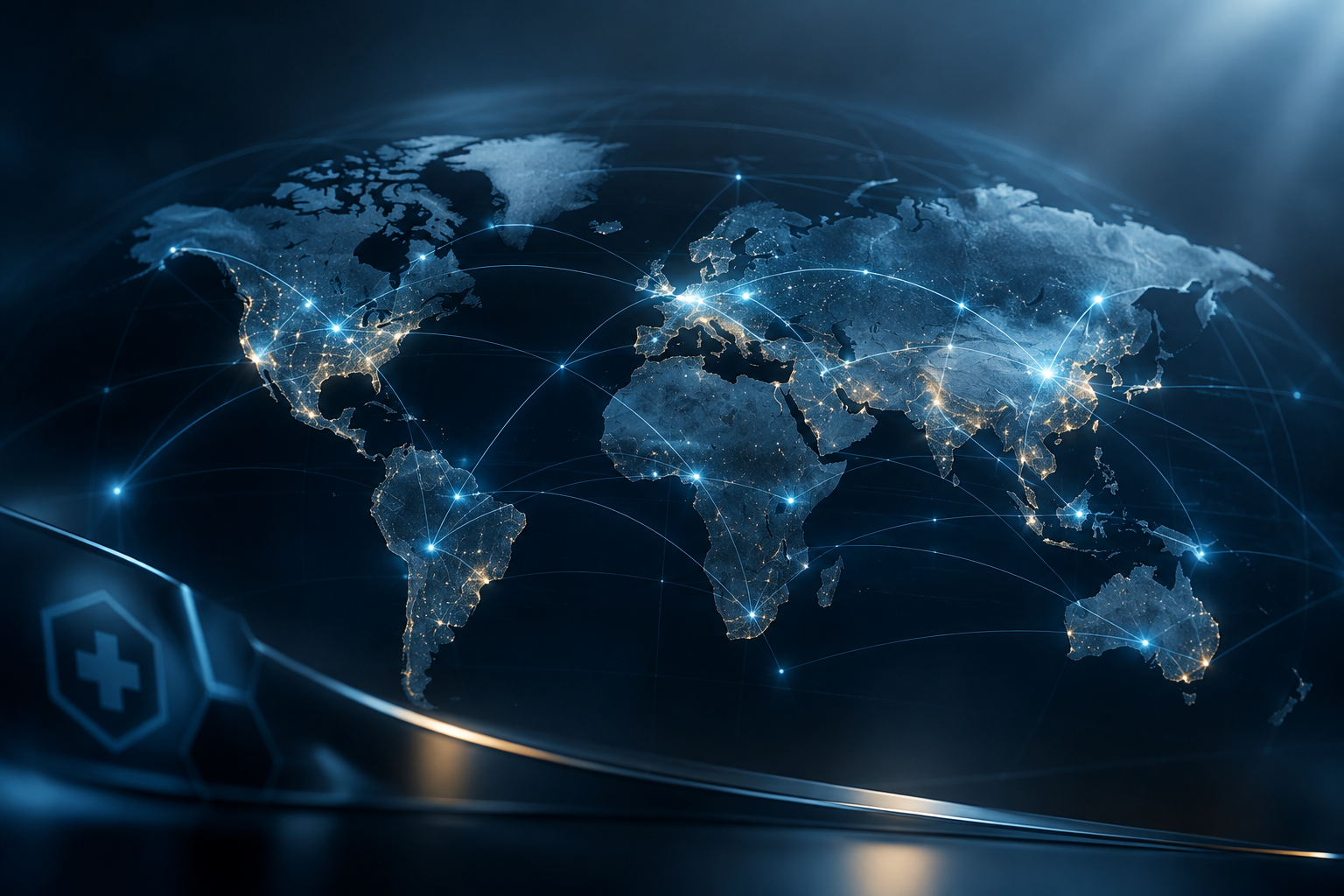 Dark premium world map with global logistics network lines and institutional governance atmosphere