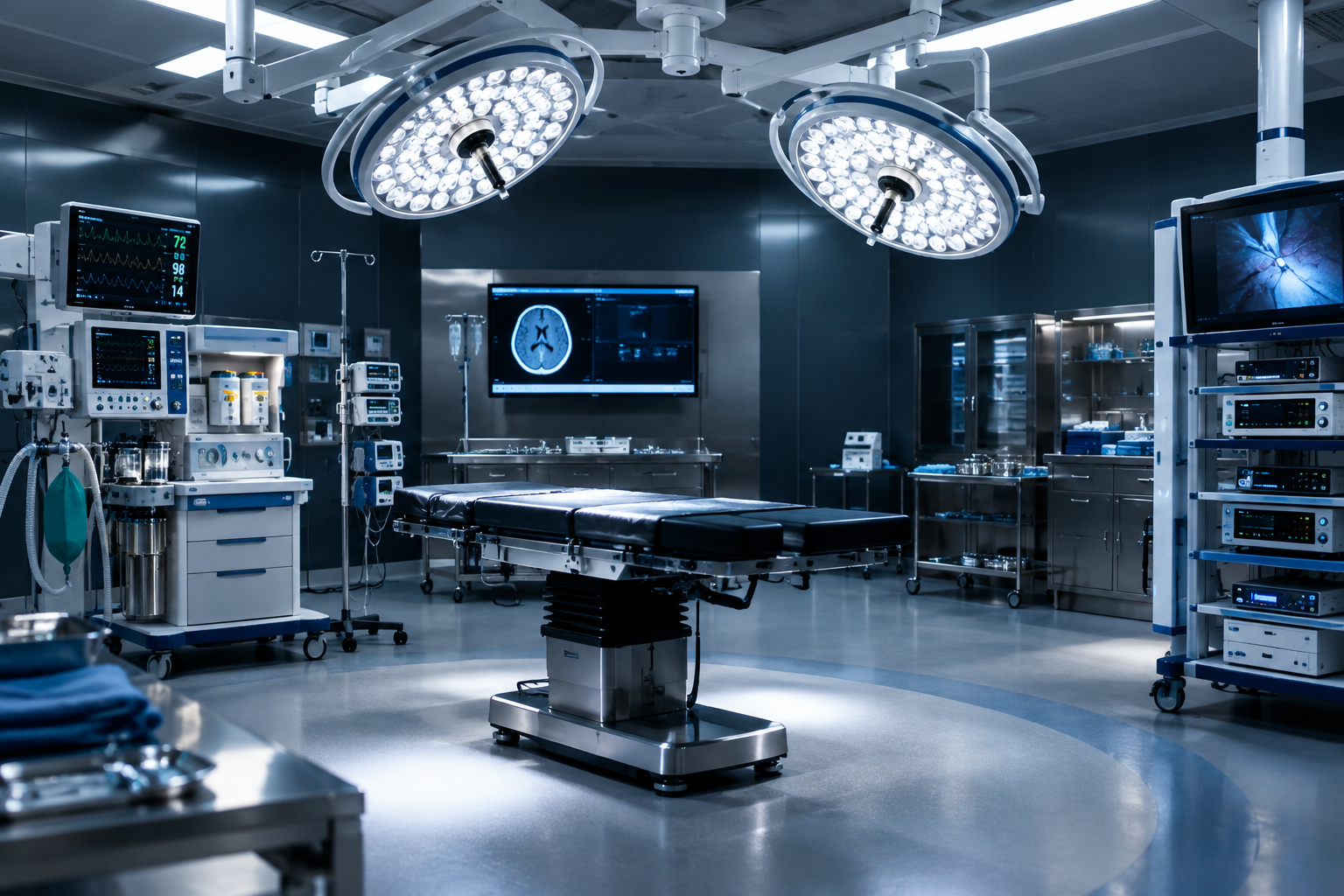 Sterile operating room with overhead surgical lighting arrays, integrated anesthesia stations, and modular procedure equipment bays