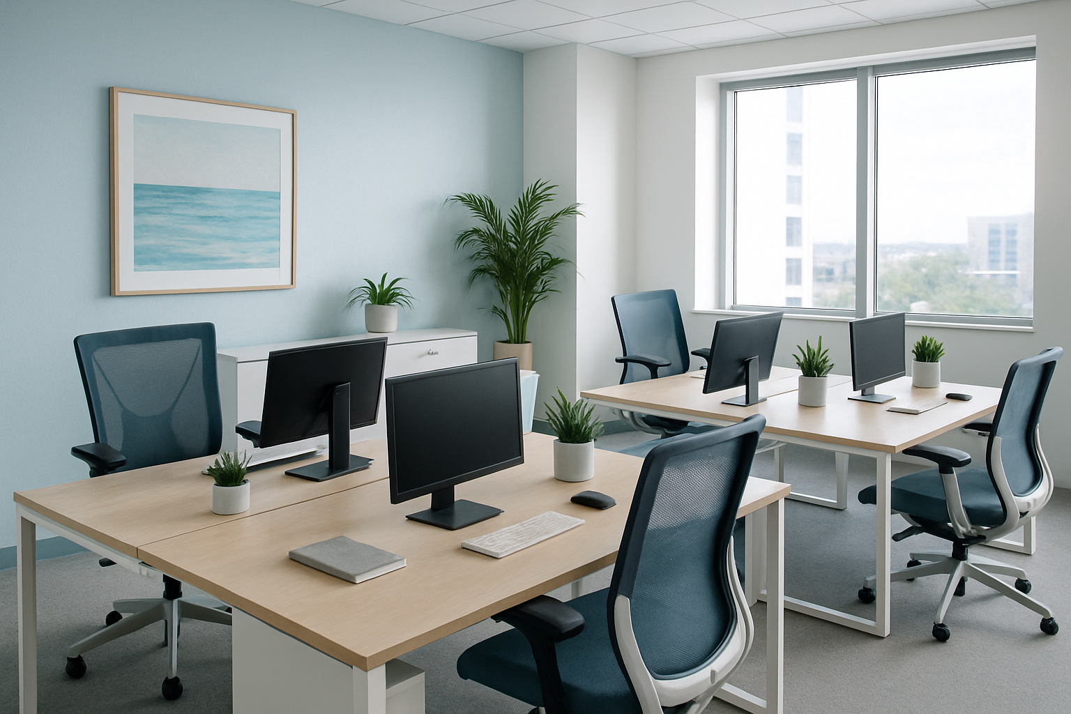 Bright, clean modern office interior with tidy desks and ample natural light