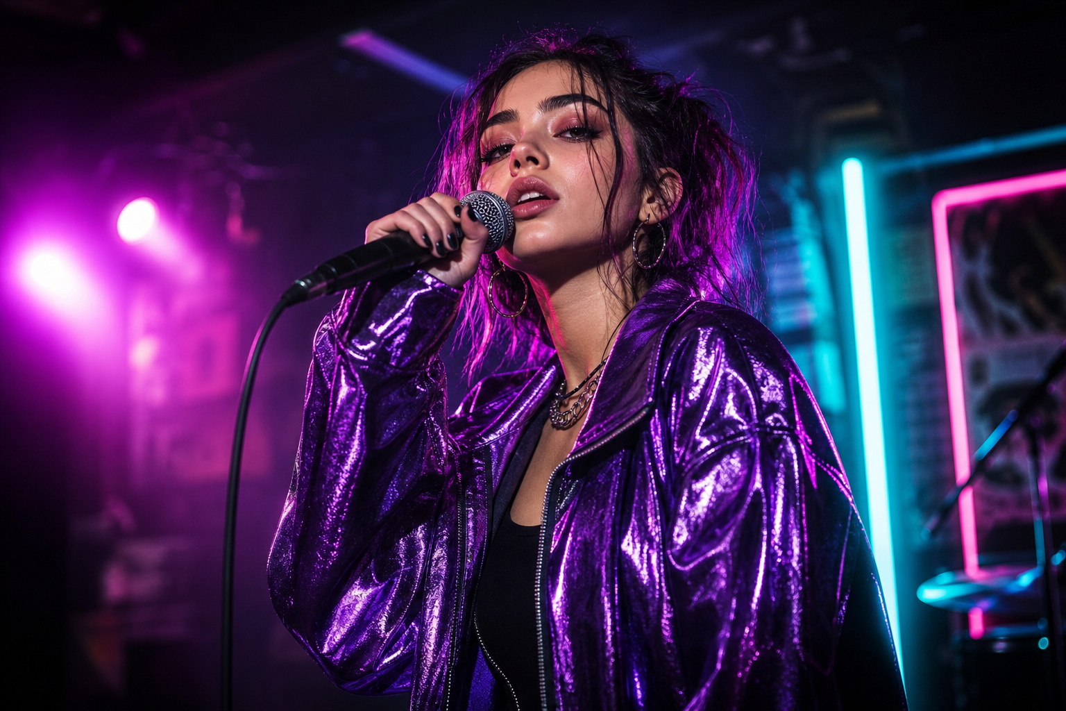 Capa principal com cantora em jaqueta metálica roxa em palco neon, segurando microfone
