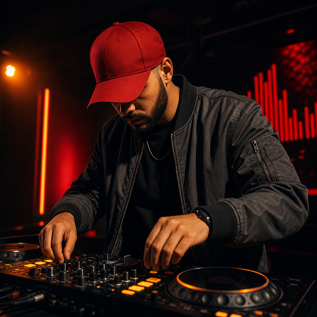 DJ de boné vermelho operando controladora preta com LEDs âmbar