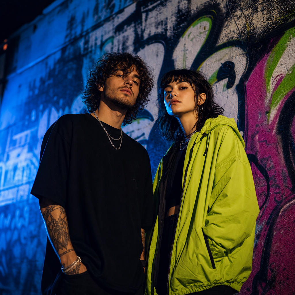 Dupla indie em parede grafitada, roupa preto e verde-limão, clima urbano