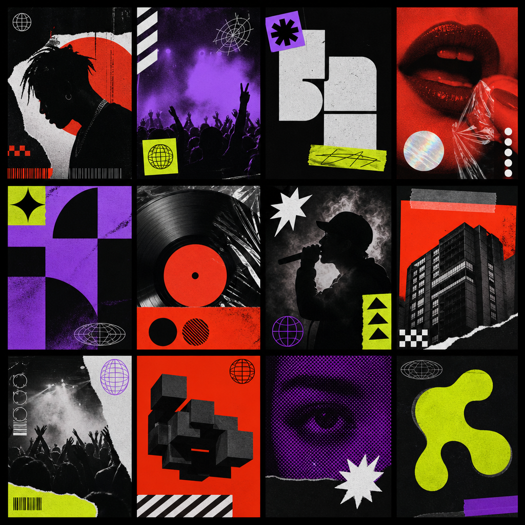Painel em colagem inspirado em capas de álbum com formas geométricas e energia urbana