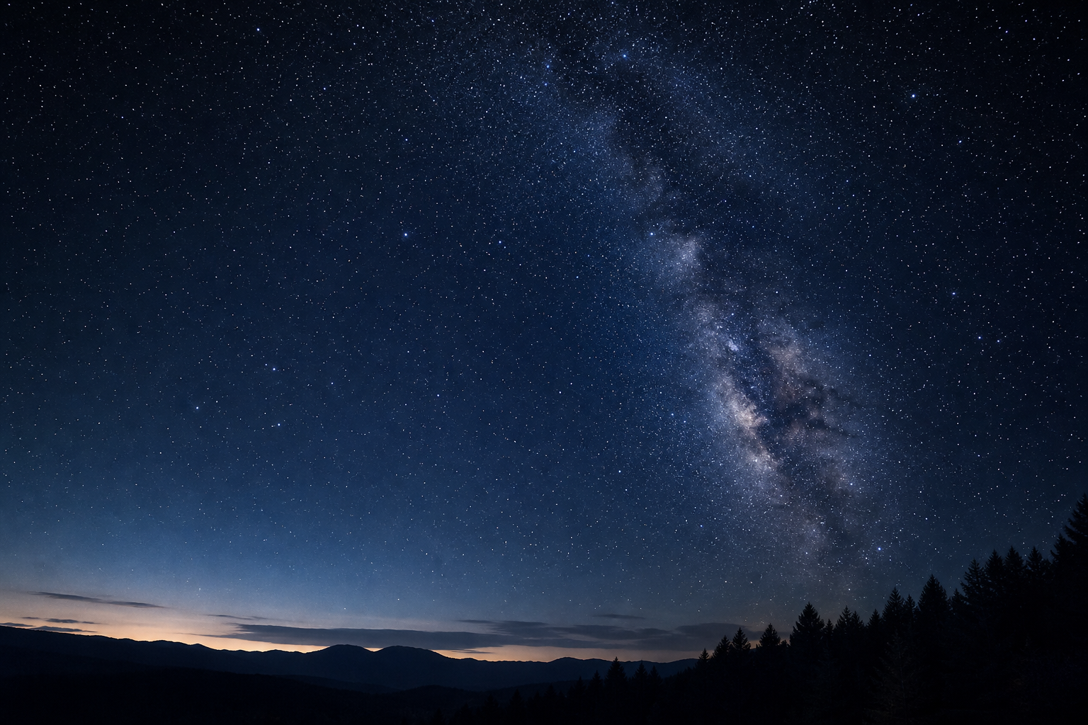 Long-exposure night sky with dense stars and a faint Milky Way band above a dark horizon