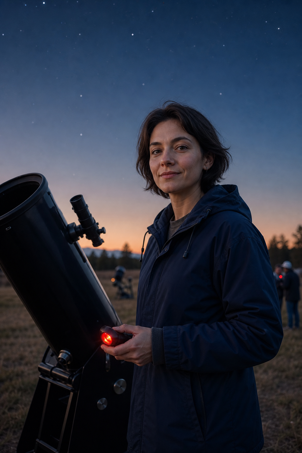 Anya holding a red-light flashlight beside a telescope under a twilight sky