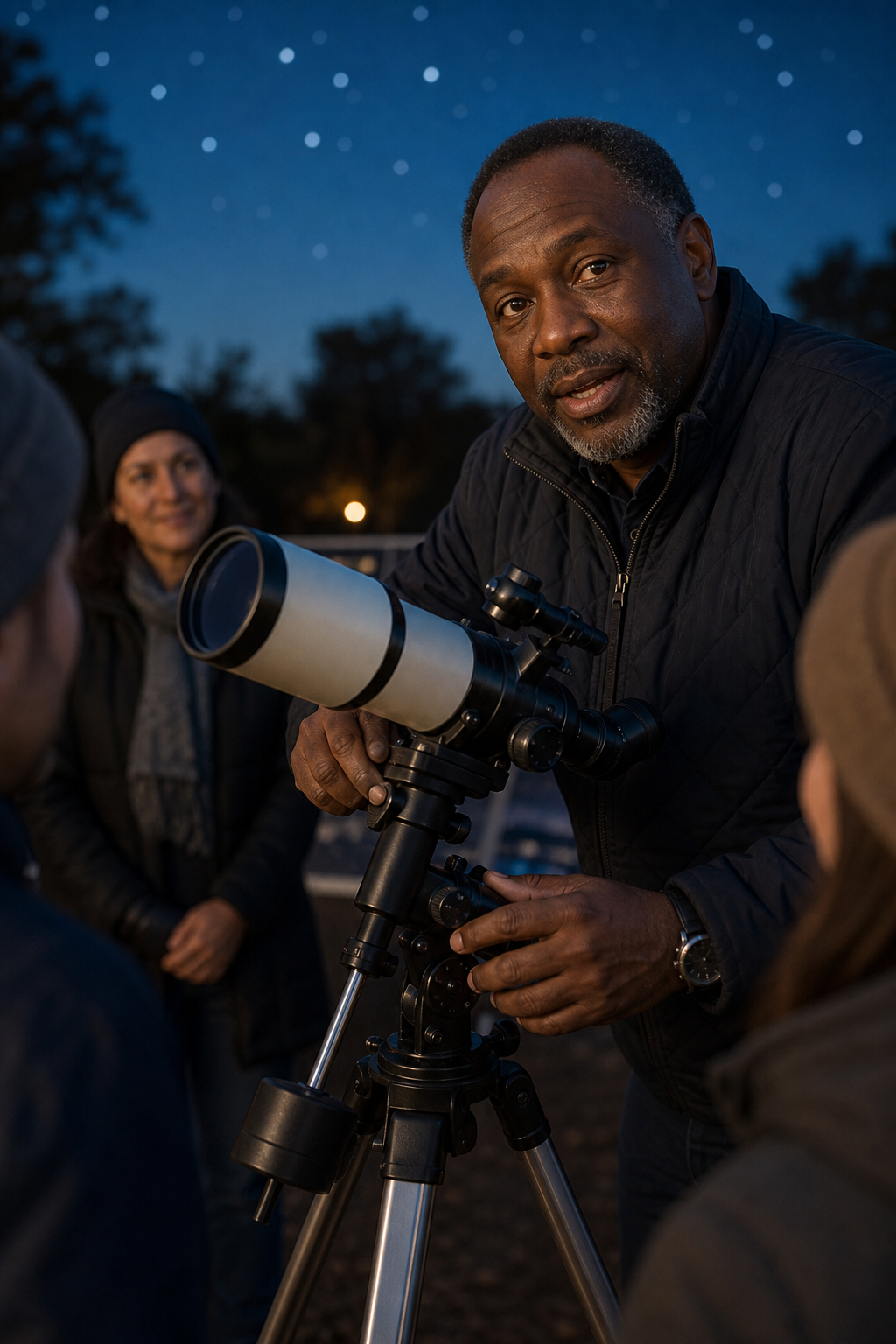 David adjusting a medium refractor telescope while speaking with two attendees