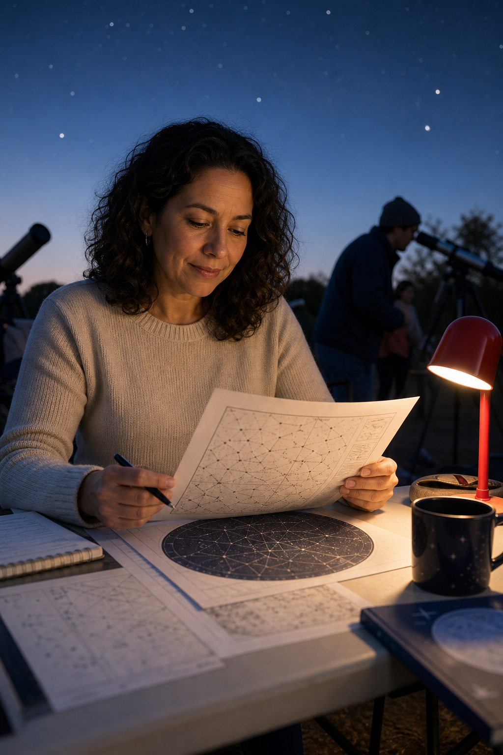 Elena reviewing printed constellation reference sheets on a table with a pen