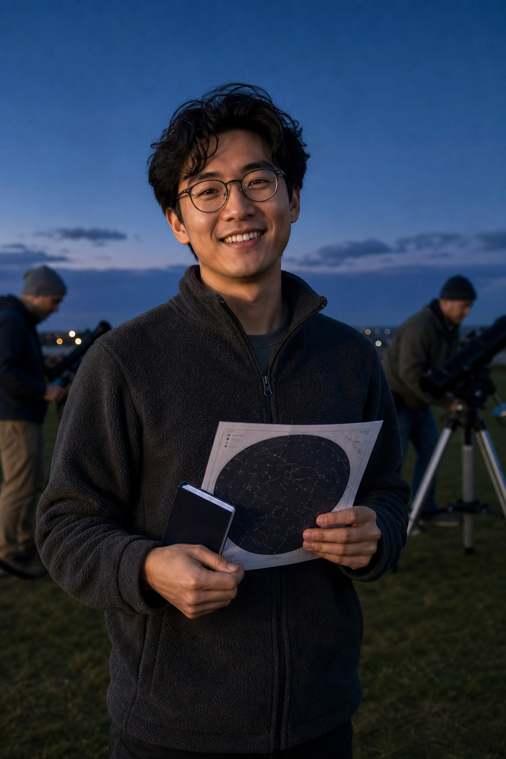 Marcus smiling with a star chart and notebook at a community field meetup