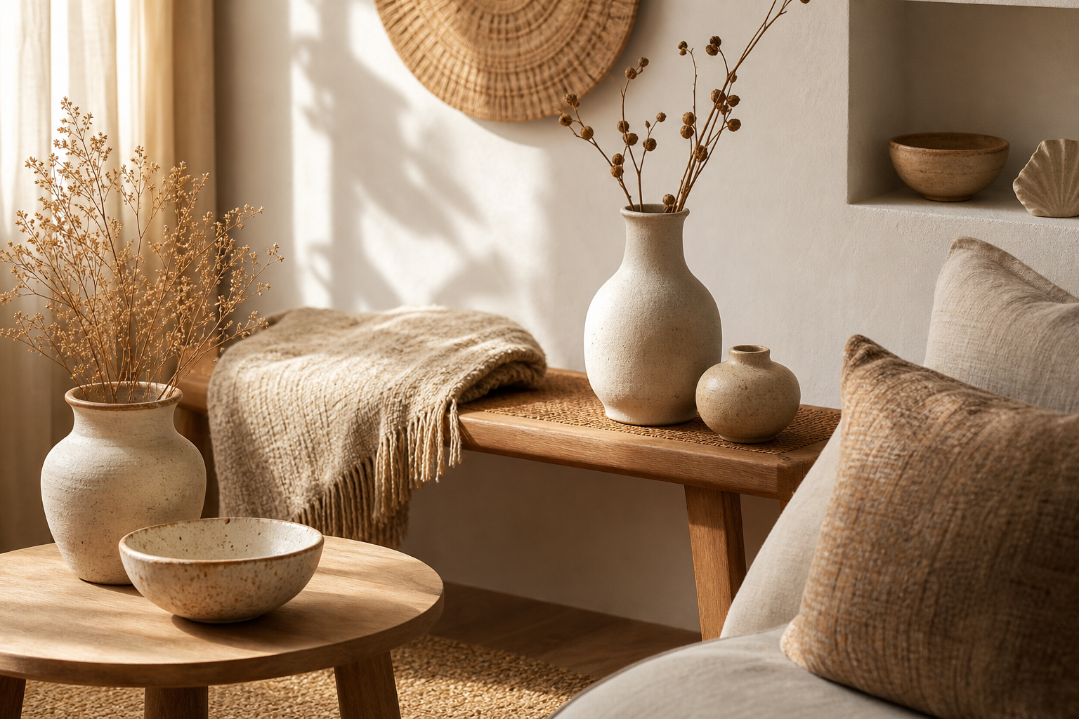 Styled handmade home decor in a warm, naturally lit interior with ceramic vases, linen textures, and wooden accents