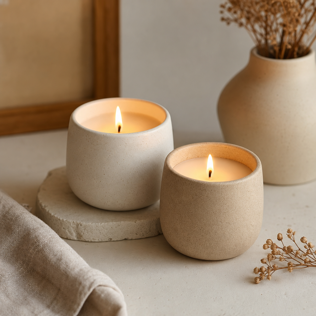 Soy Wax Candle Set with two ceramic holders creating a soft ambient glow