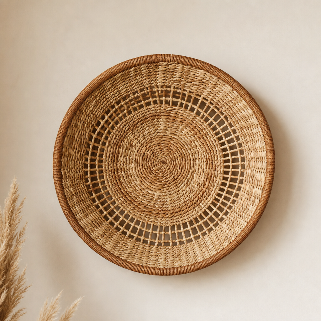 Woven Wall Basket made from natural fibers with warm organic texture