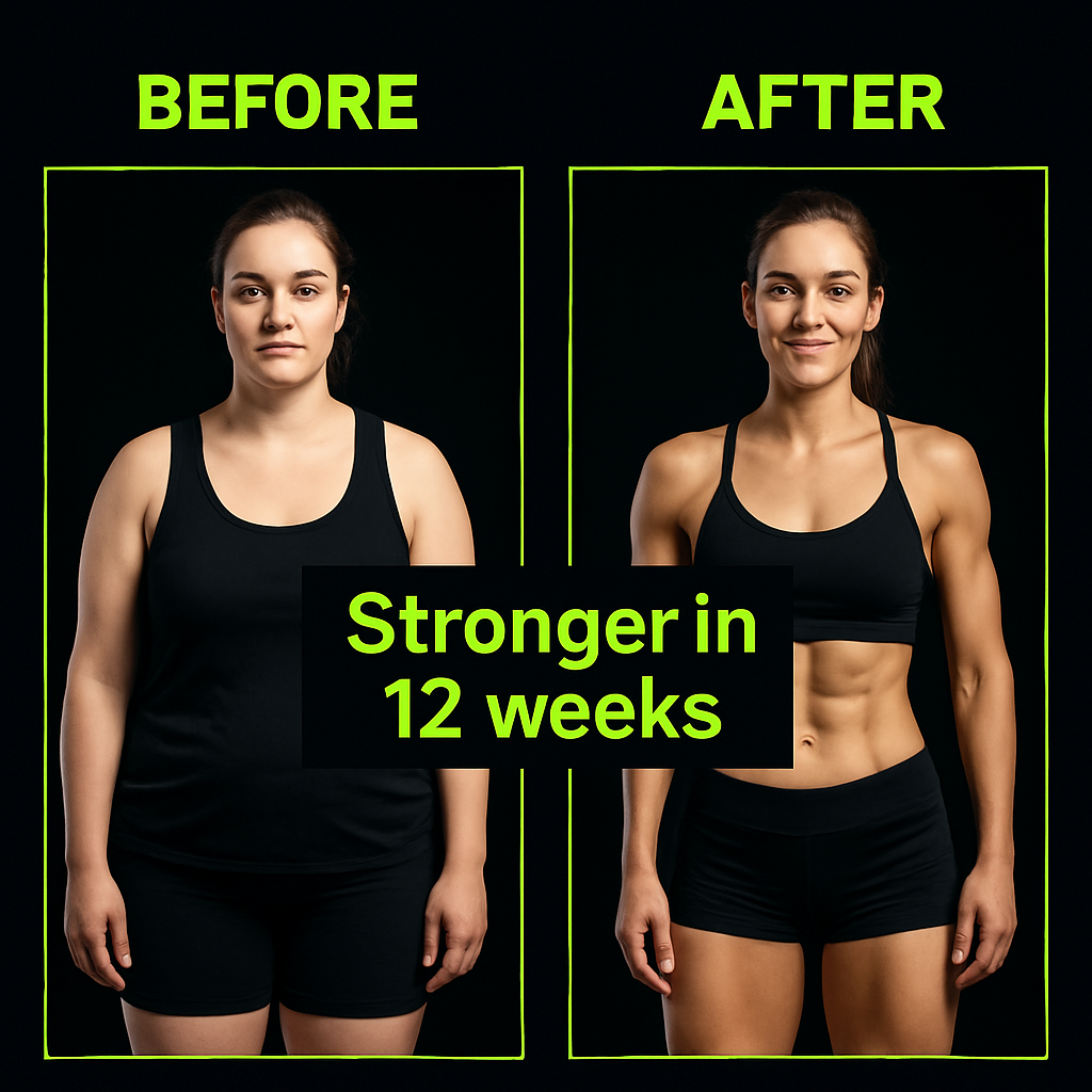 After transformation - same female client with toned physique, visible muscle definition, and confident posture