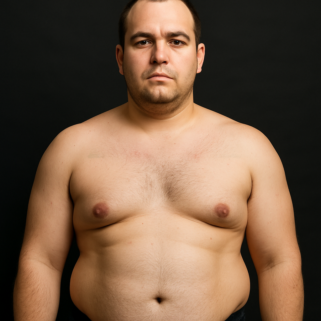 Before transformation - male client starting fitness journey with higher body fat