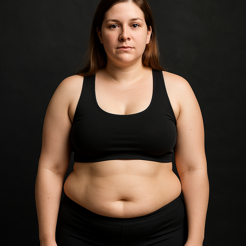 Before transformation - female client beginning 12-week fitness program with soft body composition