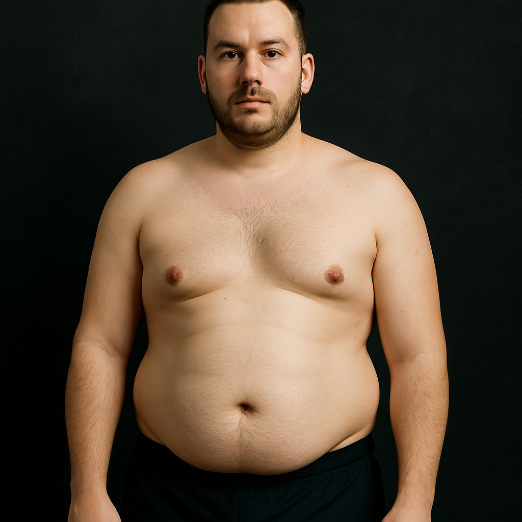 Before transformation - male client with excess body weight and average physique at program start