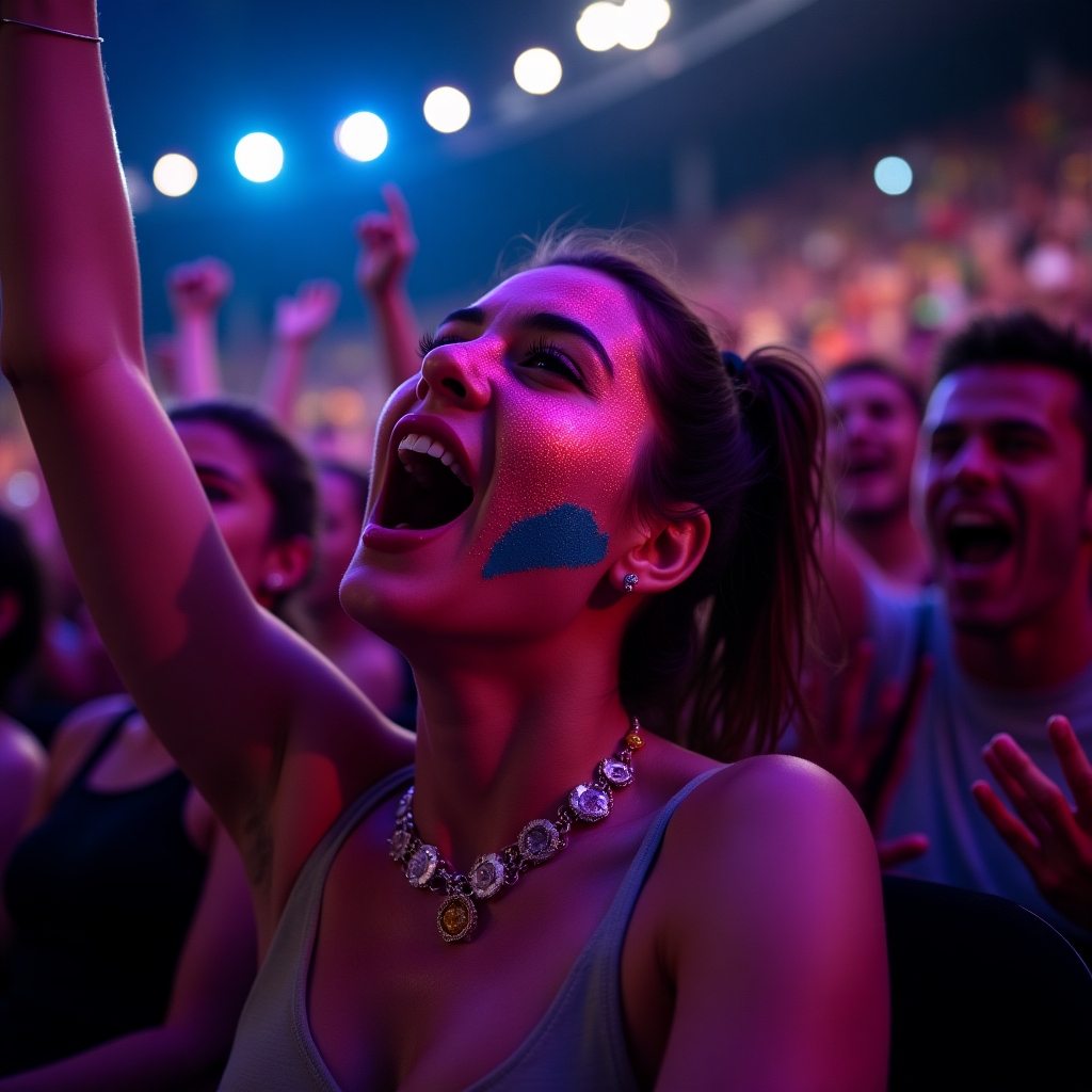 Excited audience member with neon face paint cheering