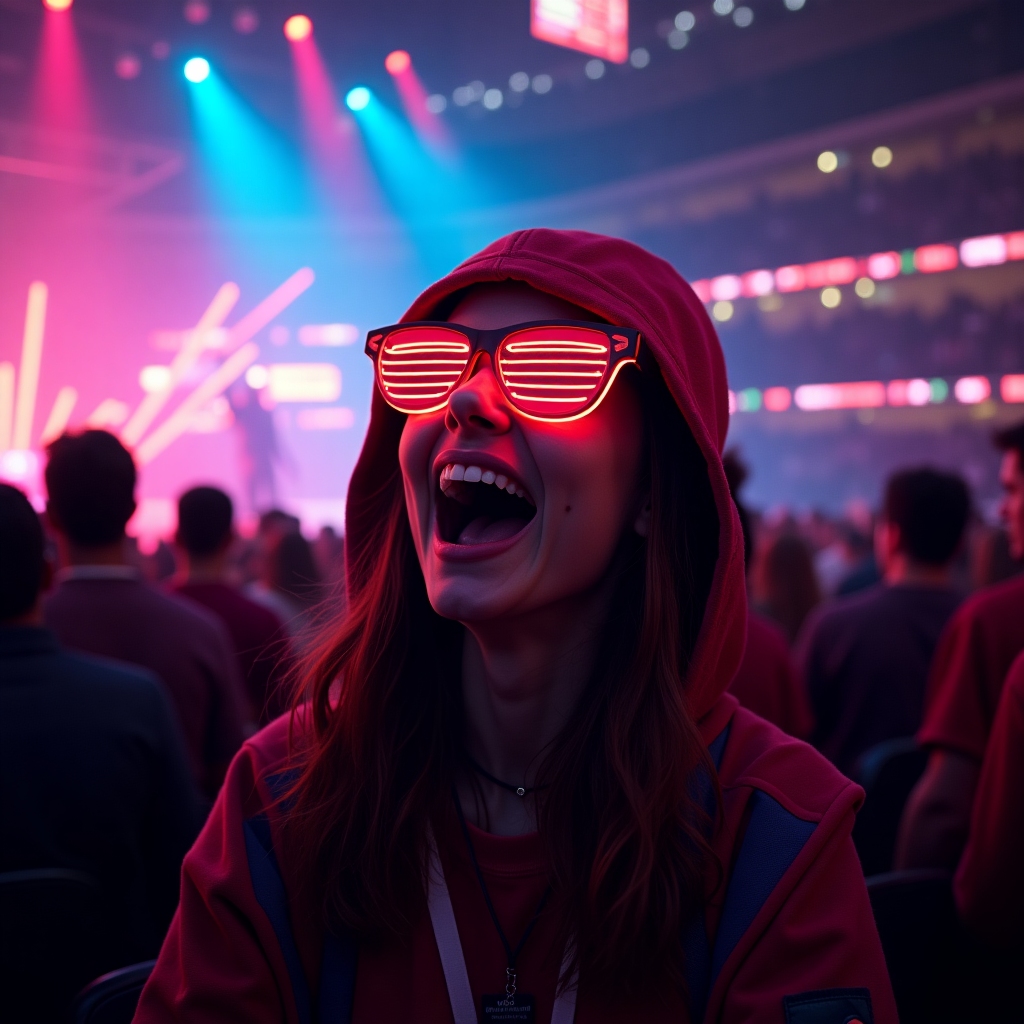 Fan with neon glasses and glowing hat mid-cheer
