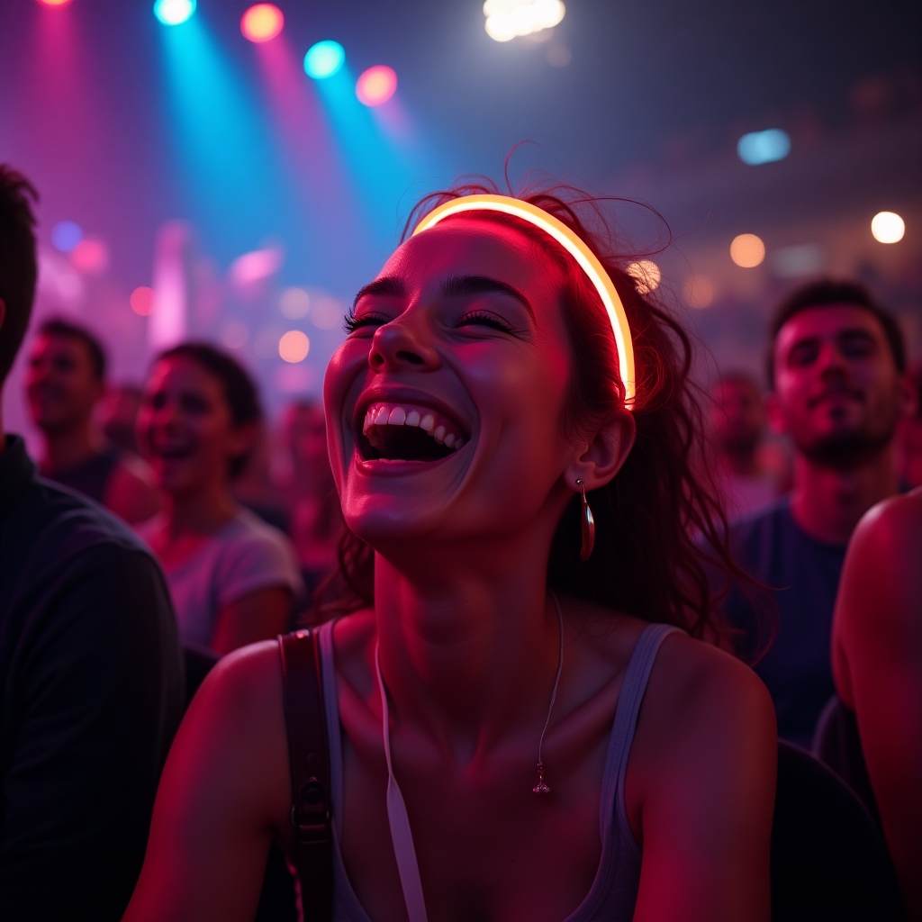 Laughing audience member with neon headband