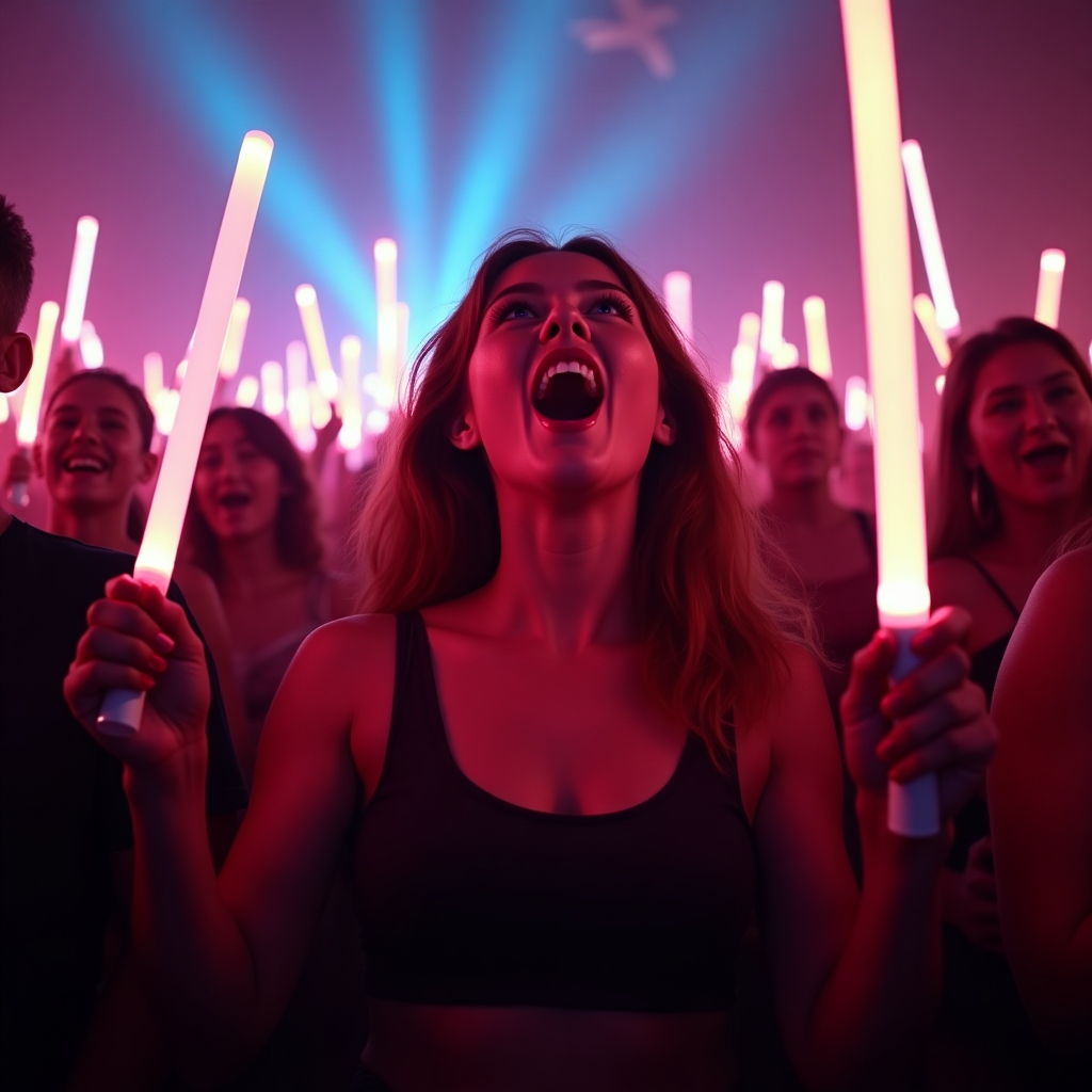 Audience member with glowing sticks, mouth open in amazement