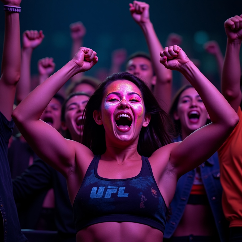 Ecstatic audience fan with neon-painted face, fists in the air