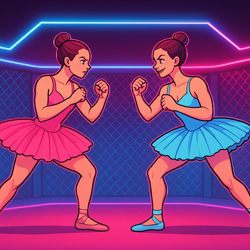 Ballerinas squaring off in a fighting stance, tutus and fists raised, neon backdrop