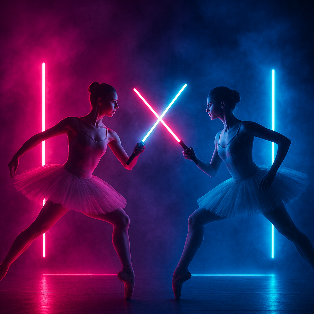 Ballerinas fighting on a neon-lit stage with dramatic lighting
