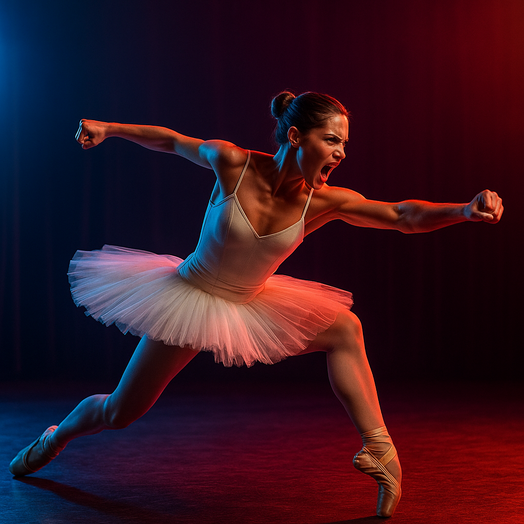 Ballerina executing a powerful, realistic fight move