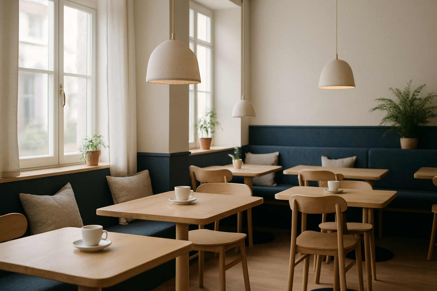 Cozy Scandinavian cafe interior with light wood tables