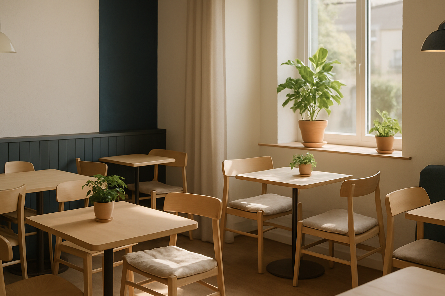 Cozy interior of a Scandinavian cafe with warm wood tables and soft daylight