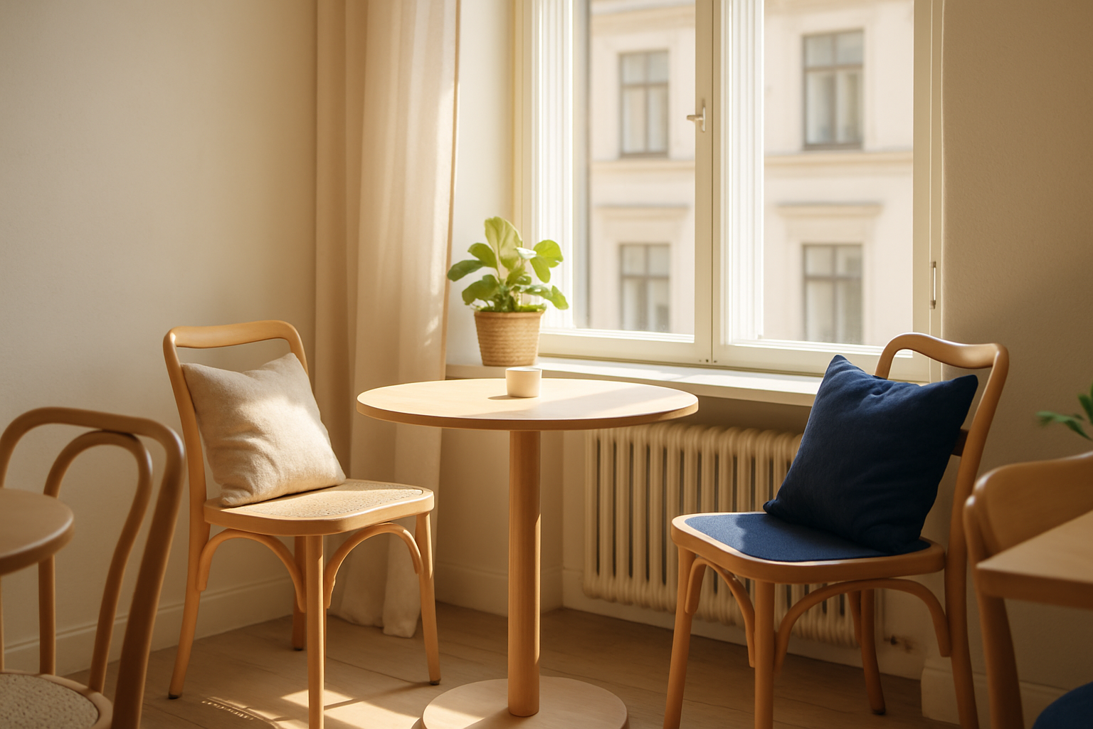 Sunlit cafe seating by a large window