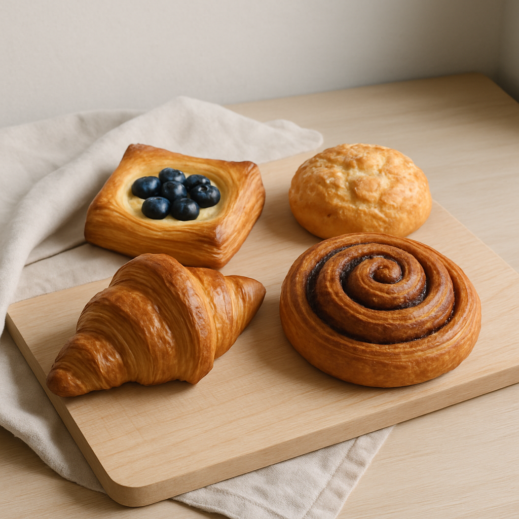 Assorted pastries on a light wood board