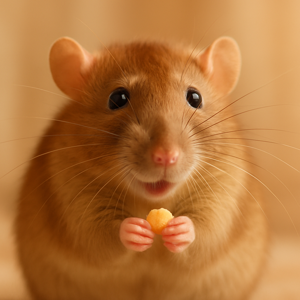 A cinnamon brown fancy rat holding a tiny treat