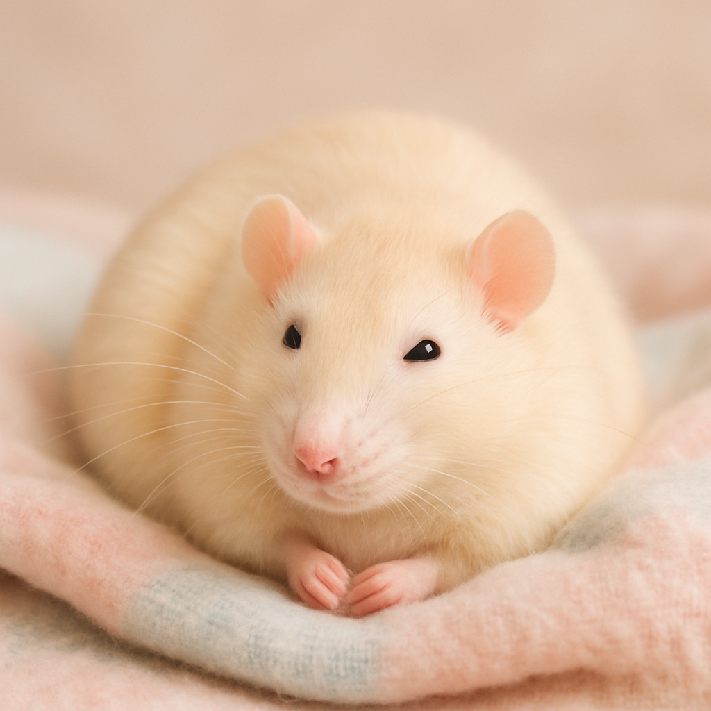 A soft cream fancy rat resting on a pastel blanket