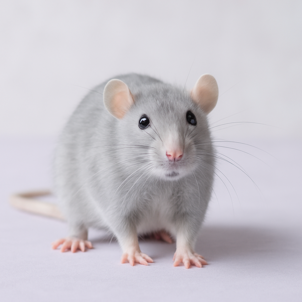 A silver gray fancy rat with bright eyes