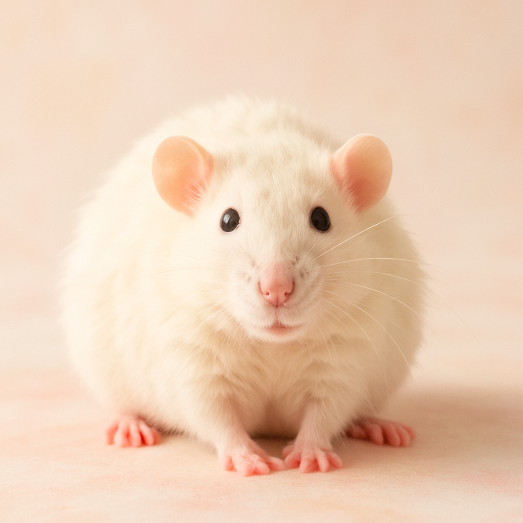 A fluffy white fancy rat with pink ears