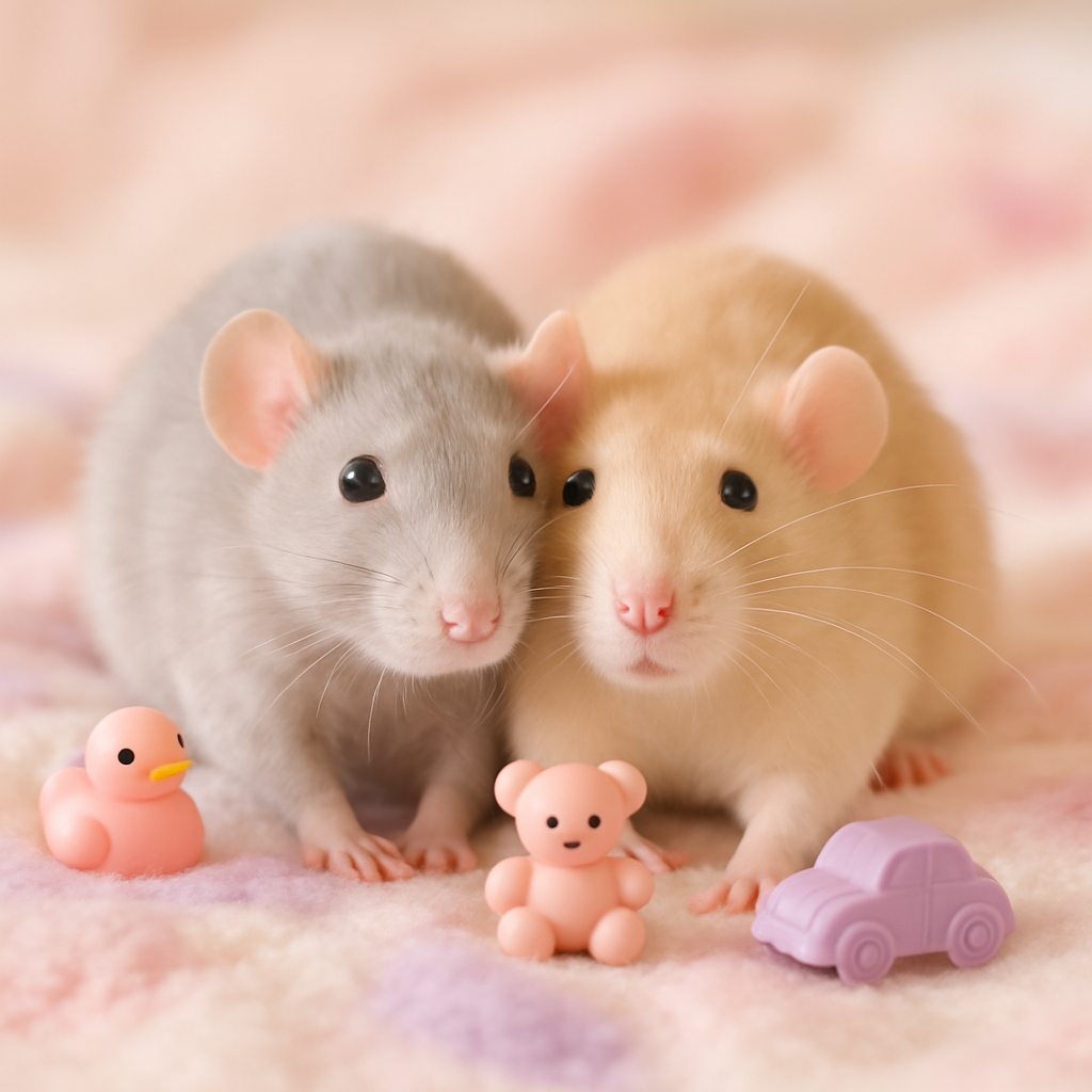 Two adorable fancy rats cuddling with pastel toys